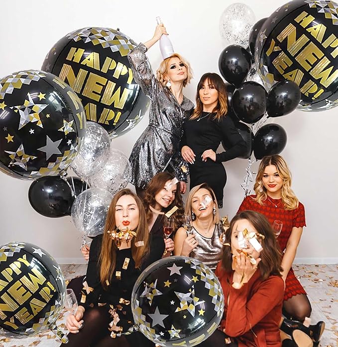 KALOR 22 Inch Happy New Year Mylar Balloons, 10 Pcs Large 4D Giant Round Foil Balloon Metallic Balloons for Happy New Year Decorations 2024
