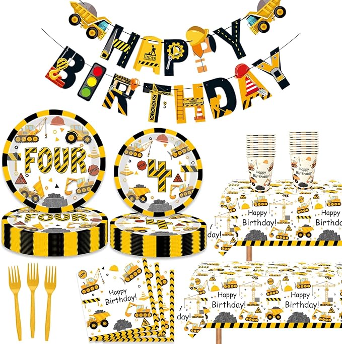 51 Pcs Construction 4th Birthday Party Supplies Dump Truck Four Years Old Tablecloth Paper Plates Napkins Forks Cups Dinnerware for Construction 4th Birthday Party Supplies Decorations