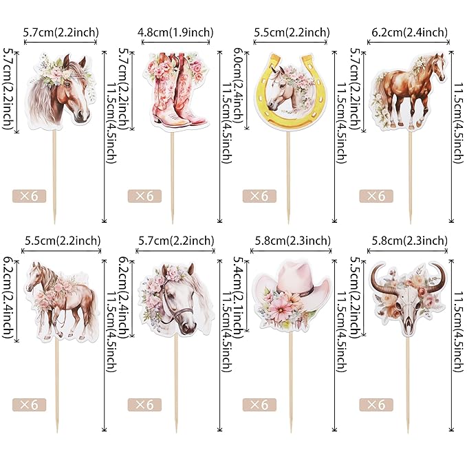 40 PCS Horse Cupcake Toppers Floral Horse Western Cowgirl Cupcake Picks Horseshoe Hat Boots Cowgirl Birthday Cake Decorations for Horse Western Cowgirl Theme Baby Shower Girls Birthday Party Supplies