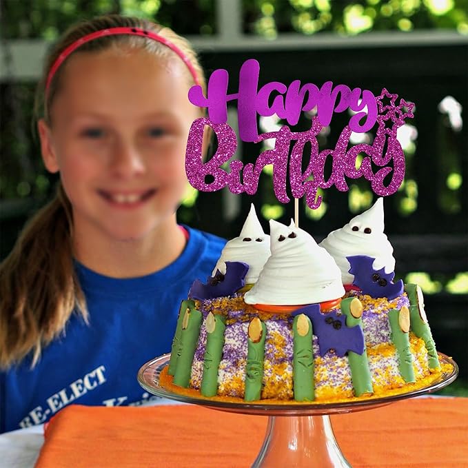 Ephlyn 1Pcs Happy Birthday Cake Topper Glitter Happy Birthday Cake Pick Decorations for Celebrating Baby Shower Theme Kids Boys Girls Anniversary Party Decorations Supplies Purple