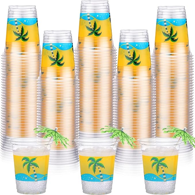 Rtteri 100 Pcs 12oz Luau Cups Plastic Hawaiian Coconut Tree Drinking Cups Bulk Disposable Palm Tree Tiki Drinkware for Summer Beach Party Supplies Luau Hawaiian Decorations(Waves)
