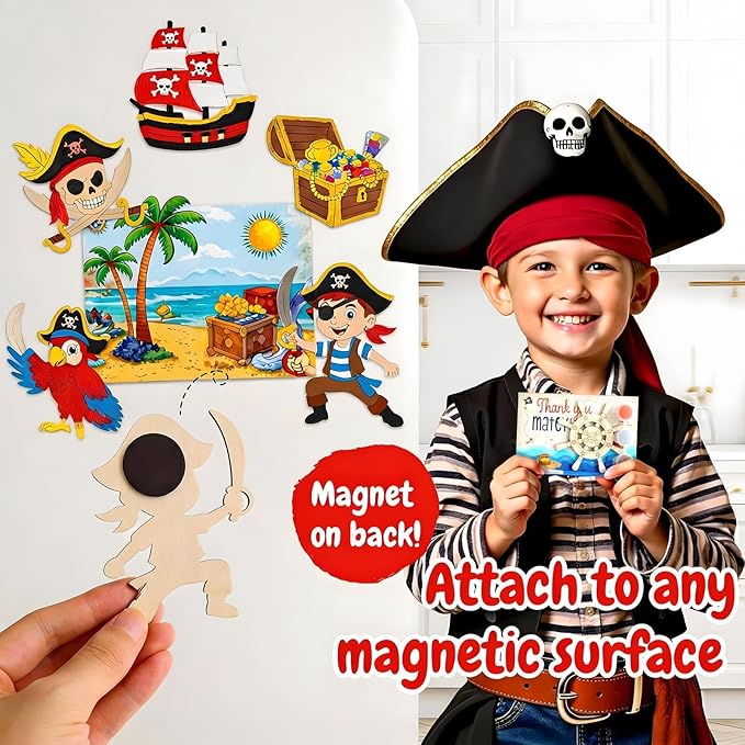 12 Pack Pirate Party Favors for Kids – Individually Wrapped Paint Your Own Wooden Magnet Craft Kits with Thank You Card, Treasure Hunt Birthday Supplies for Boys & Girls
