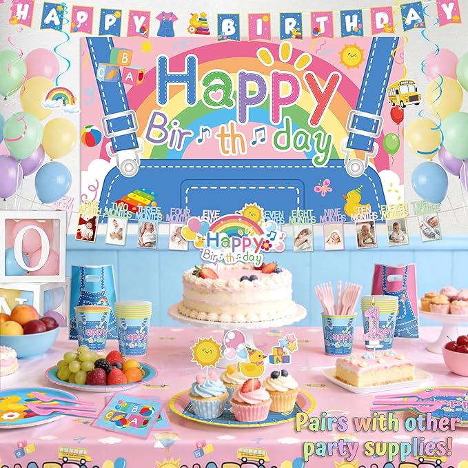 135 pcs Rachell English Teacher Party Supplies, 1st Birthday Decorations Girl & Boy, Photo Banner Balloons Poster Crown High Chair Banner Cake Topper Cartoon Theme Backdrop for Kids Birthday Decor