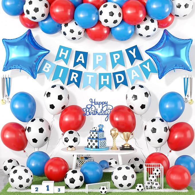 Soccer Birthday Party Decorations, Soccer Party Decorations Supplies with Blue Red Balloons Happy Birthday Banner Cake Toppers 18in Foil Balloon for Boys Girls Sport Theme Party Decor