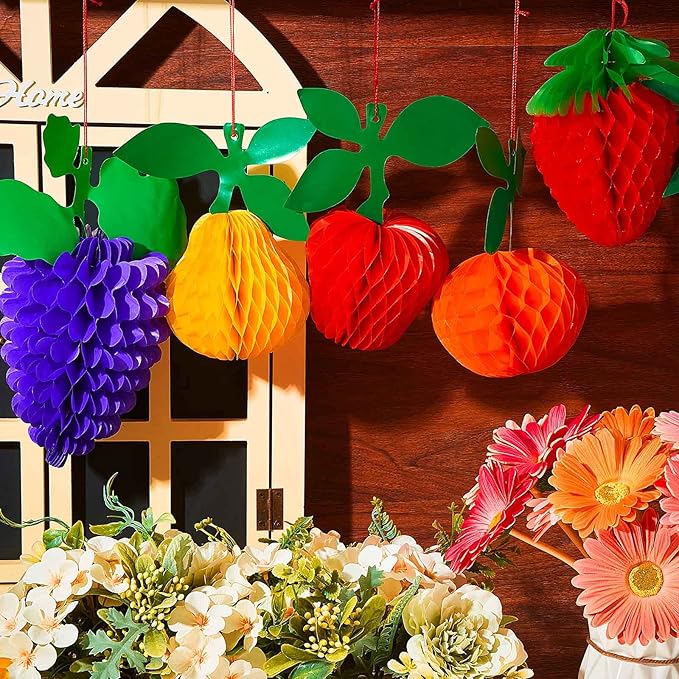 Outus 12 Pcs Fruit Party Decorations Honeycomb Hanging Tissue Paper Ball Strawberry Apple Table Centerpieces for Dancing Fruit 1st Birthday Decorations Twotti Hawaiian Tropical Themed Party Supplies