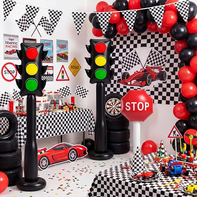3 Pcs 59 Inch Jumbo Inflatable PVC Traffic Light Balloons and 24 Inch Stop Sign Balloon for Racing Car Birthday Party Decorations Traffic Vehicle Birthday Party Supplies