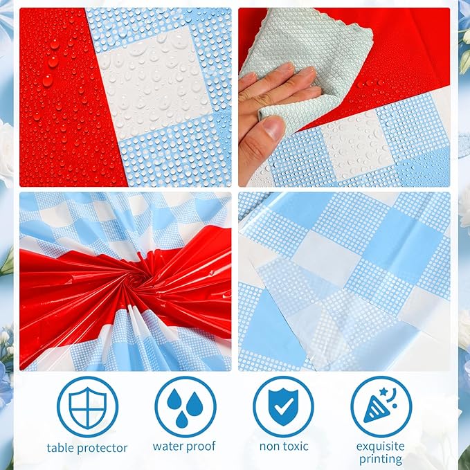 Blue and White Plaid Runner Tablecloth 54 x 108 Inch Wall Backdrop Waterproof Rectangle Disposable Cover, Princess Decorations Party Supplies for Halloween Cosplay Party(Blue, Red, 3 Pcs)