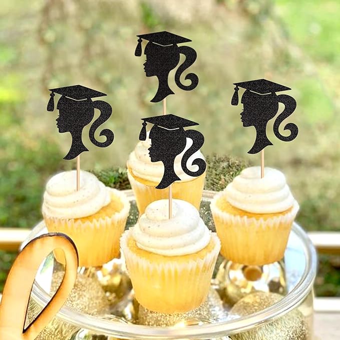 24pcs 2026 Black Female Student Graduation Cupcake Toppers Girls Graduate Silhouette Cupcake Picks 2026 Students Graduation Theme Party Cake Decorations Supplies