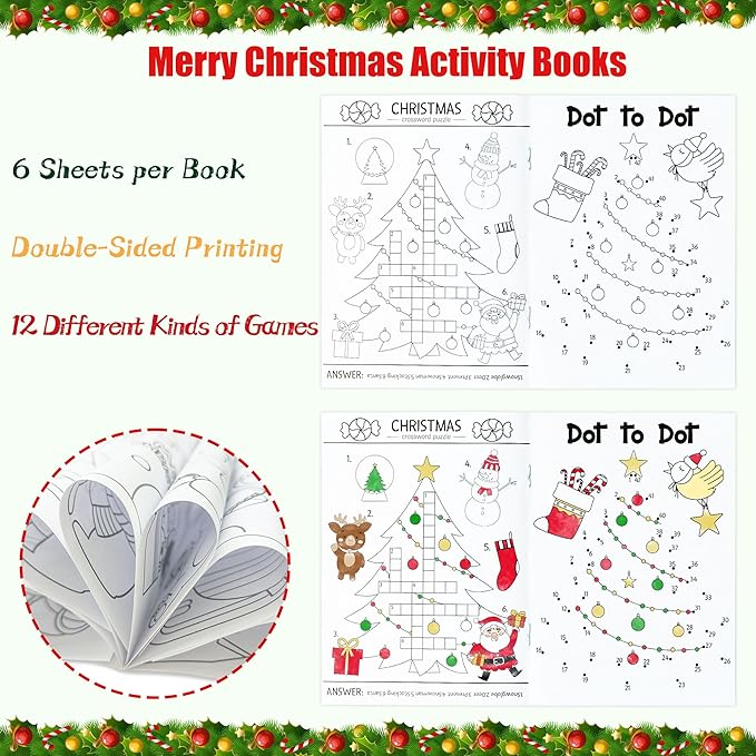 Dvbonike 24Pcs Christmas Activity Books for Kids Bulk Merry Christmas Mini Fun Games Coloring Book Santa Snowman Reindeer Party Favors Goodie Bags Stuffers Birthday Classroom School Rewards Supplies