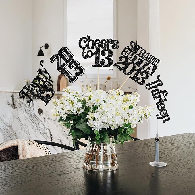 Gyufise 15Pcs Happy 13th Birthday Centerpiece Sticks Thirteen Straight Outta 2013 Table Flower Centerpieces Sticks Lfor Cheers to 13 Birthday Party Supplies Black