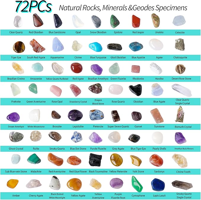 Runyangshi 72pcs Natural Rock and Geology Mineral Education Set for Studying Geology and Earth Science Ldentification Kit Learning Gifts with Instructions