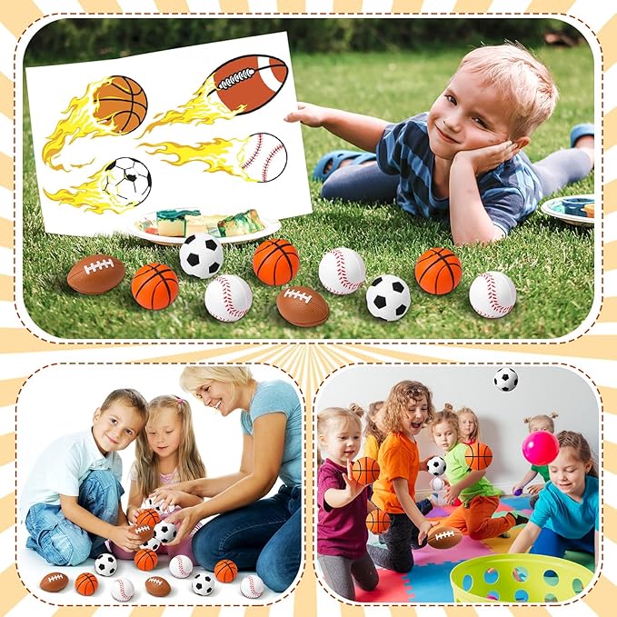 Blulu 48 Pack Small Sports Stress Balls for Kids Mini Footballs Baseball Soccer Basketball Sports Party Favor Gifts Small Foam Squeeze Anxious Toy for Classroom Reward Sport Party Supplies(2.5 Inch)