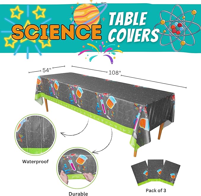 Blue Orchards Science Table Covers (Pack of 3) - 54"x108" XL - Science Birthday Party Decorations, Chemistry Party, Laboratory Theme Table Cloth