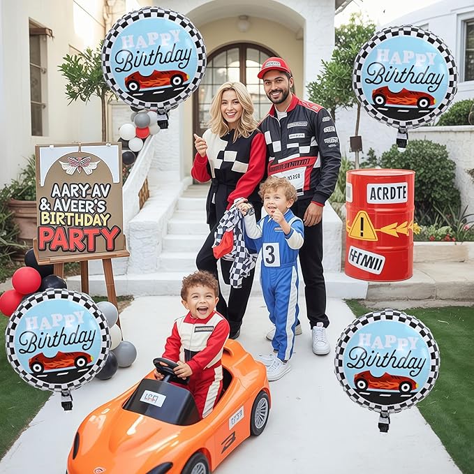 18 Inch Race Car Happy Birthday Balloons, 4pcs Black and White Checkered Racecar Foil Round Balloon, Two Fast One Birthday Decor for Kids Boys Racing Car Driver Monster Truck Theme Party Decorations