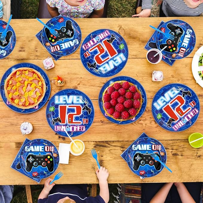 Grencian 96 Pcs 12th Video Game Birthday Party Decorations Blue Video Game Level 12 Birthday Plates and Napkins Tableware Sets for Boys 12 Years Old Gamer Gaming Party Supplies Favors Serves 24