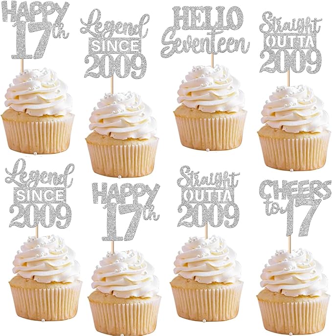 30PCS Silver 17th Birthday Cupcake Toppers Glitter Seventeen Happy 17th Straight Outta 2009 Cupcake Picks for Cheers to 17 Years Birthday Anniversary Party Cake Decorations Supplies