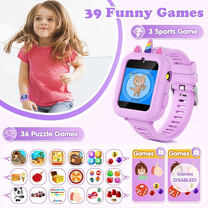 Smart Watch for Kids Girls Gift Age 3-12 with 39 Games Alarm Clock Camera Video Music Player Pedometer Flashlight 12/24 hr HD Touch Screen Kids Smart Watch Birthday Toys for 4 5 6 7 8 9 10 Year Olds