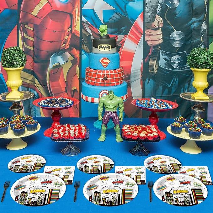 96 PCS Super Theme Hero Party Plates Napkins Hero Themed Party Tableware Hero Action Sign Disposable Paper Plates Napkins Happy Birthday Party Decorations Supplies Favors for 24 Guests
