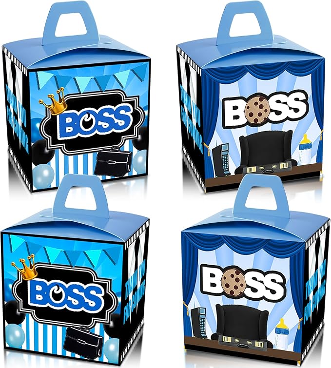 HAPPARTY BOSS Party Favor Gift Boxes 24 PCS,Blue BOSS Boy Goodie Candy Treat Boxe For 1st 2nd Birthday Decorations Supplies