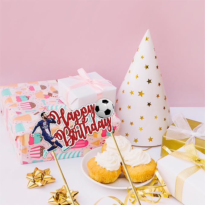 Soccer Football Happy Birthday Cake Topper – Sports Theme Goal Party Cake Decoration, Green Field & Ball Design Birthday Cake Pick for Celebration Supplies