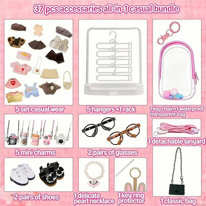 5-Set Clothes Bundle for Doll, Includes 5 Mini Hangs, Large Clear Display Bag with Strap Keychain, 5 Hangers and Rack, Bag, Glasses, Necklace, Shoes Accessories for Dressing up(No Doll)