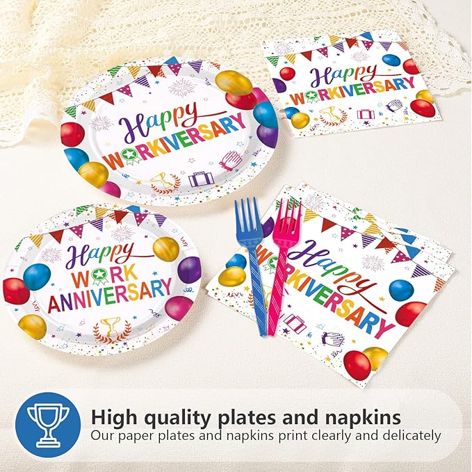 96Pcs Happy Work Anniversary Party Supplies Colorful Happy Workiversary Plates and Napkins Colorful Work Office Paper Tableware Set for Employee Worker Appreciation Party Supplies Serves 24