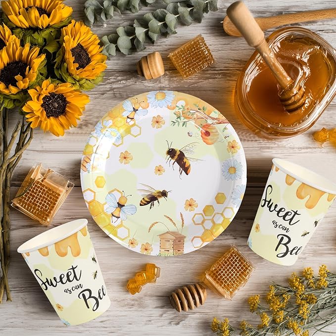 96Pcs Bee Party Decorations Bee Paper Plates and Napkins and Cups Baby Shower Sweet One Kids First Birthday Tea Party Decorations Supplies, Serves 24