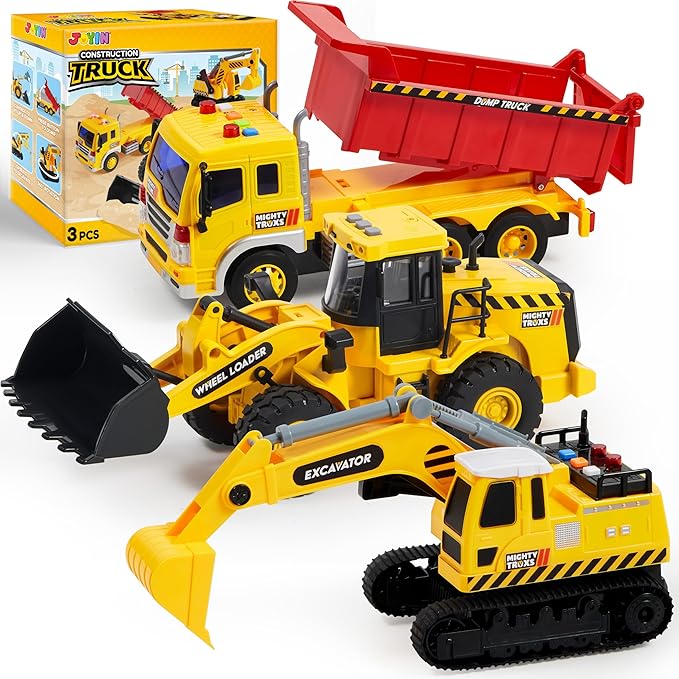 JOYIN 3 Pack Construction Toy - Excavator, Dump Truck and Loader, Moveable Claw & Lifting Back, Construction Truck Toy, Birthday Gift for Toddler Boys Kids