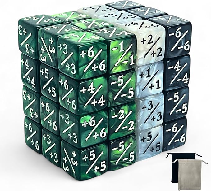 Luck Lab MTG Magic Life Counter Dice - 48 PCS Compatible w/Magic Card Game Accessories, CCG Creature Stats w/ 2 Dice Bags (Green Swirl, White Pearl, Black Pearl)