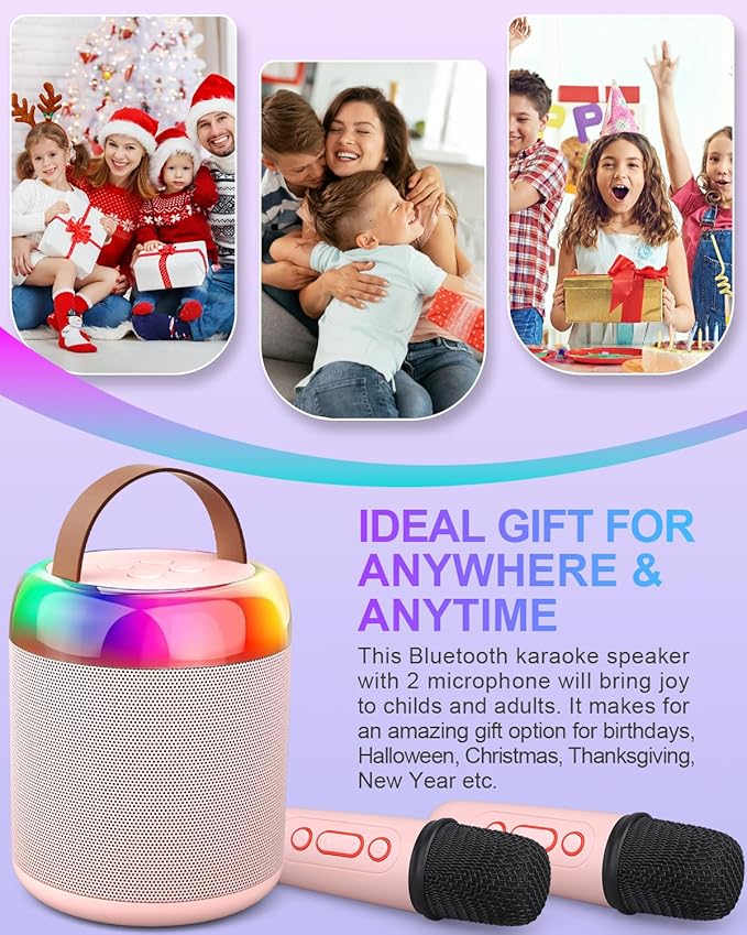 Mini Party Karaoke Machine Toy for Kids Audlts, Portable Led Karaoke Toy Speaker with 2 Wireless Microphones for Girls Boys Birthday, Holiday Stocking Stuffer Party Favors Supplies