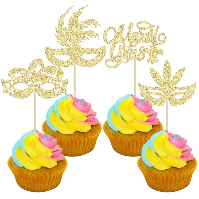 Gyufise 24Pcs Mardi Gras Cupcake Toppers Glitter Masquerade Masks Cupcake Picks Mardi Gras Party Baby Shower Birthday Cake Decorations Party Supplies Gold