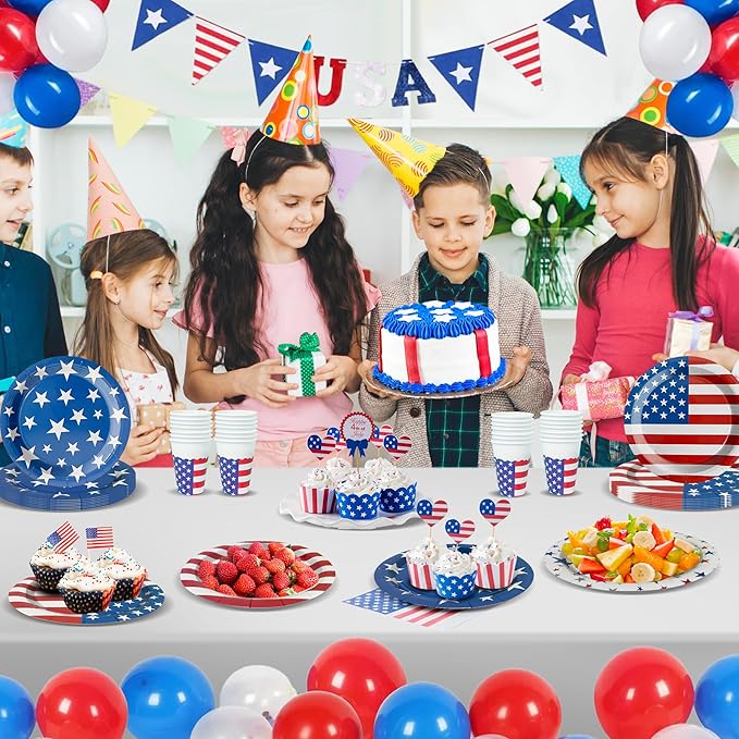 48Pcs 4th of July Plates, 4th of July Decorations American Flag Patriotic Party Supplies Disposable Paper Plates for Memorial Day Veterans Day Independence Day Party Decorations