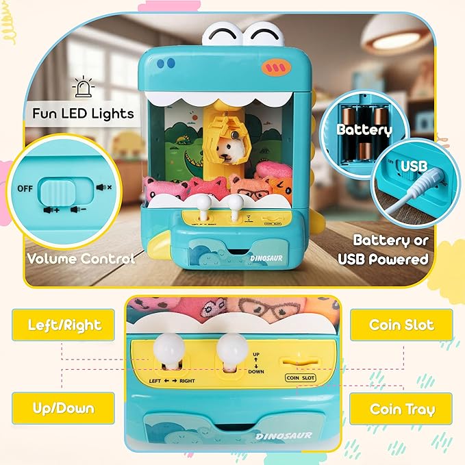 Claw Machine for Kids - Mini Arcade Game - Vending Machine - Candy Grabber Toys - Silent Mode, Lights, USB - Plush Toys & Easter Eggs, Surprise Stickers - Fun Gift for Kids, Boys & Girls (Dinosaur)
