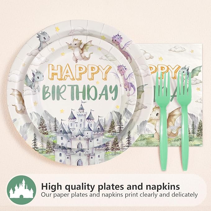 96Pcs Dragon 1st Birthday Party Decorations A Little Dragon is Turning One Plates and Napkins Cartoon Dinosaur Theme Tableware Sets for Kids 1st Birthday Baby Shower Party Supplies Serves 24