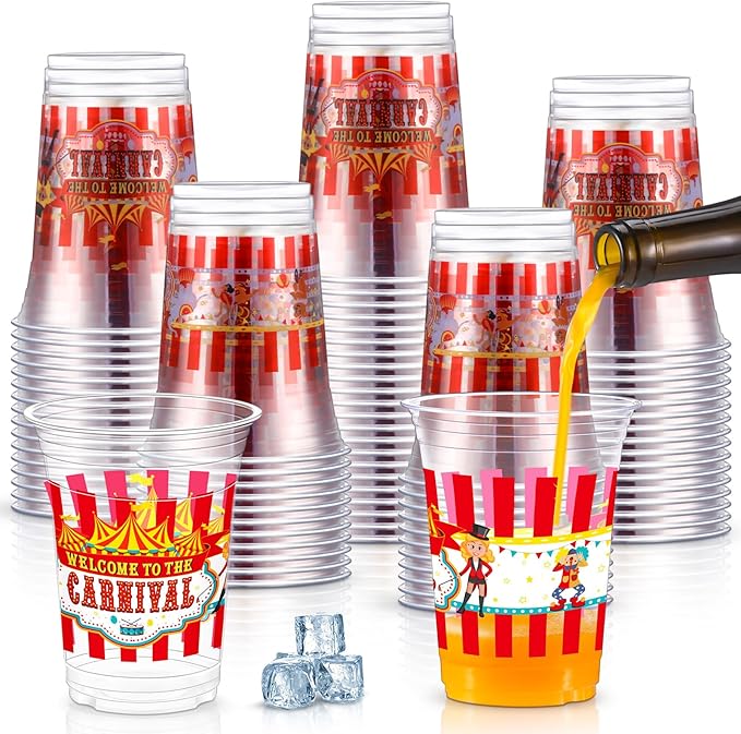 Jinei 60 Pcs Circus Carnival Party Plastic Cups Bulk 16 oz Circus Theme Disposable Cups Clear mug Drinking for Carnival Birthday Party Supplies Decorations