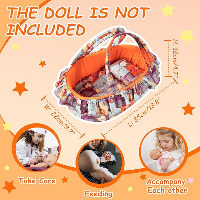 Doll Carry Cot Set, Soft 3PC Set Includes Cot, Mattress and Pillow, Orange Cartoon Doll Bassinet, Fits for 10-12 Inch American Girl Dolls