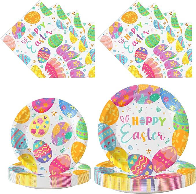 150 Pack Easter Party Supplies Set, Happy Easter Dinnerware Set Includes Heavy Duty Dessert Dinner Plates and Luncheon Napkins for Spring Birthday Party Decorations Table Decor, Serves 50