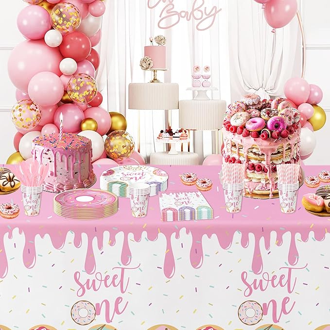 Xigejob Donut Sweet One Birthday Plates And Napkins Party Decorations Tableware Girls - Pink Donut 1st Birthday Party Supplies, Paper Plate, Cup, Napkin, Disposable Fork | Serves 24