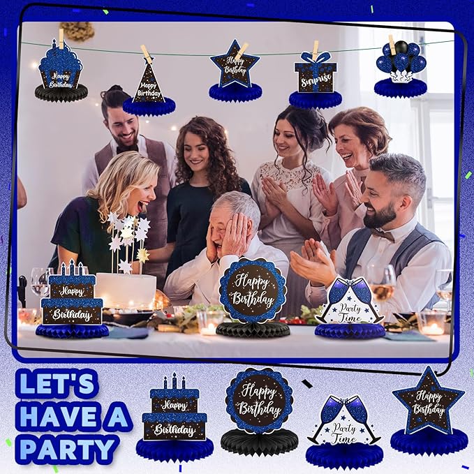 Yexiya 8 Pcs Blue and Black Birthday Centerpiece Table Decoration, Happy Birthday Honeycomb Centerpieces Honeycomb Table Toppers for Men Women Party Supplies