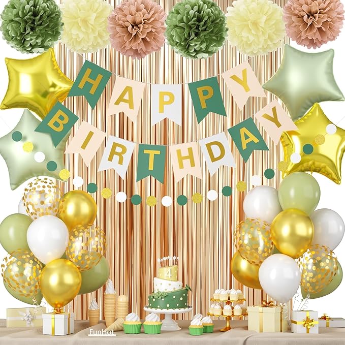 Sage Green Birthday Decorations,Women Girls Boho Party Decorations with Sage Green White Gold Confetti Birthday Balloons Happy Birthday Banner Gold Fringe Curtain Tissue Paper Pompoms Star Garland