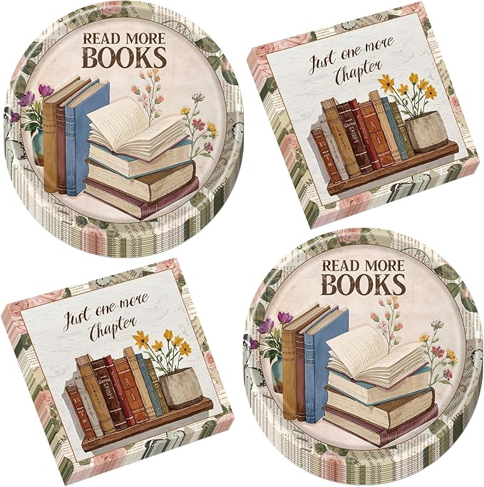 Rakuto Book Themed Party Decorations - 50 Pcs Read More Books Birthday Party Plates Napkins Decorations, Disposable Book Club Tableware Set for Library Reading Baby Shower Supplies Serves 25