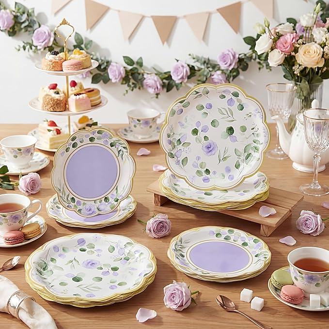 60 Pcs Eucalyptus Paper Plates 9 in and 7 in Purple Dessert Party Plates with Gold Rim Disposable Floral Shape Tableware for Wedding Birthday Party Baby Shower Bridal Shower