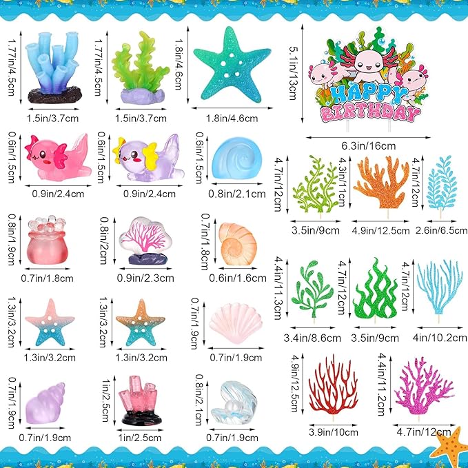 42 Pcs Axolotl Cake Topper Accessories Include 1 Happy Birthday Cake Topper 8 Artificial Seagrass 33 Axolotl Miniature Figures Ocean Decorations for Baby Shower Birthday Party Supplies
