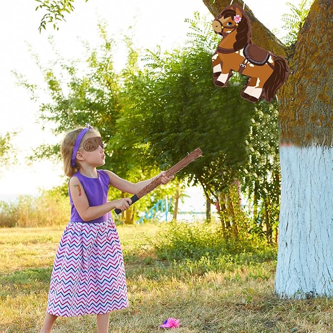 Horse Piñata Cowgirl Piñata for Birthday Girl with Bat Stick Blindfold Mask for Horse Birthday Cowgirl Party Game Decor Supplies, 15 x 13.4 x 3.2 Inch