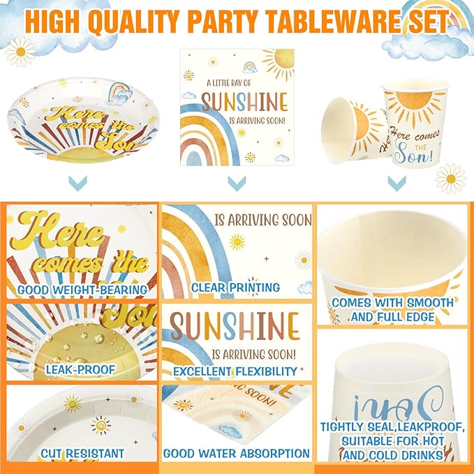 Hushee 200 Pcs Here Comes The Son Baby Shower Paper Plates Napkins Cups Baby Shower Party Supplies Boho Theme Sun Tableware Set Disposable Cup Napkin for 50 Guest Party Decoration