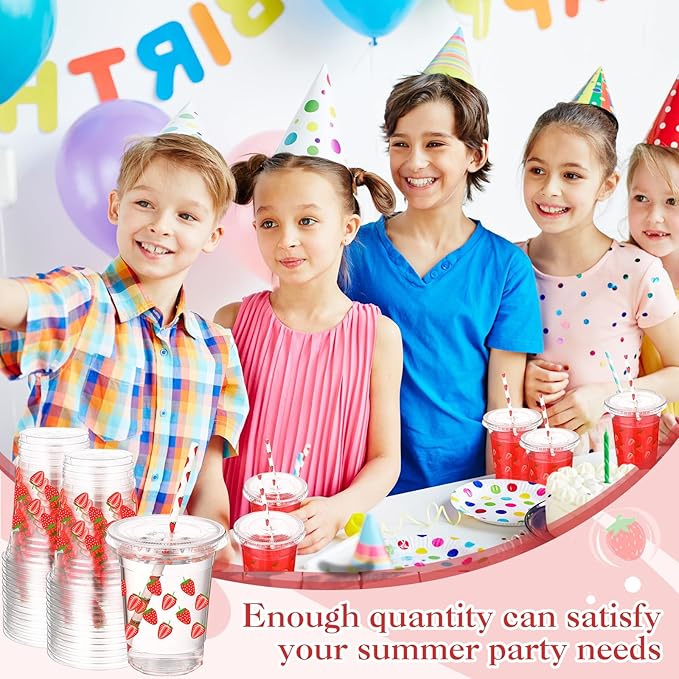 Yungyan 50 Sets 16 oz Strawberry Plastic Cups with Lids and Straws Strawberry Party Decoration Coffee Juice Disposable Drinking Cups for Berry First Birthday Decoration Baby Shower Party Supplies