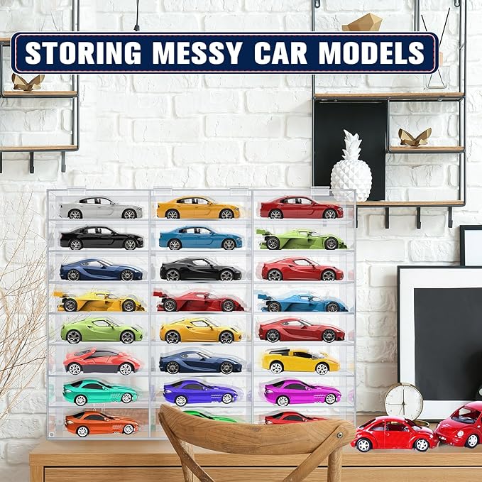 Juexica Clear Acrylic Toy Car Display Case 1: 24 Scale Diecast Display Box Wall Mounted Shelf for Storage Toy Car Mini Model Race(24 Grids)