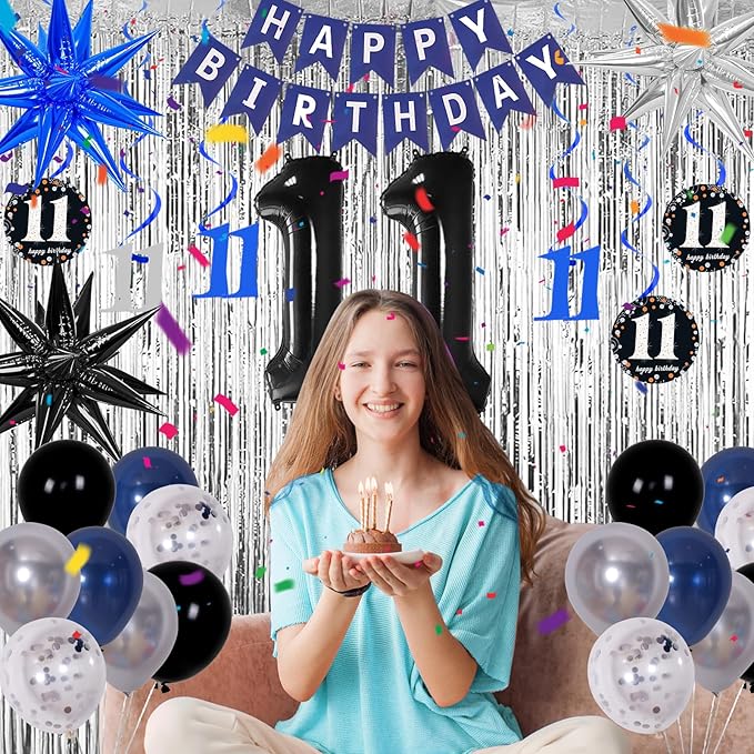 11th Birthday Decorations for Boys and Girls Dark Blue, 11 Year Old Birthday Decorations with HAPPY BIRTHDAY Banner Number 11 Balloon Tablecloth Foil Star Balloons Garland Arch Kit Party Supplies