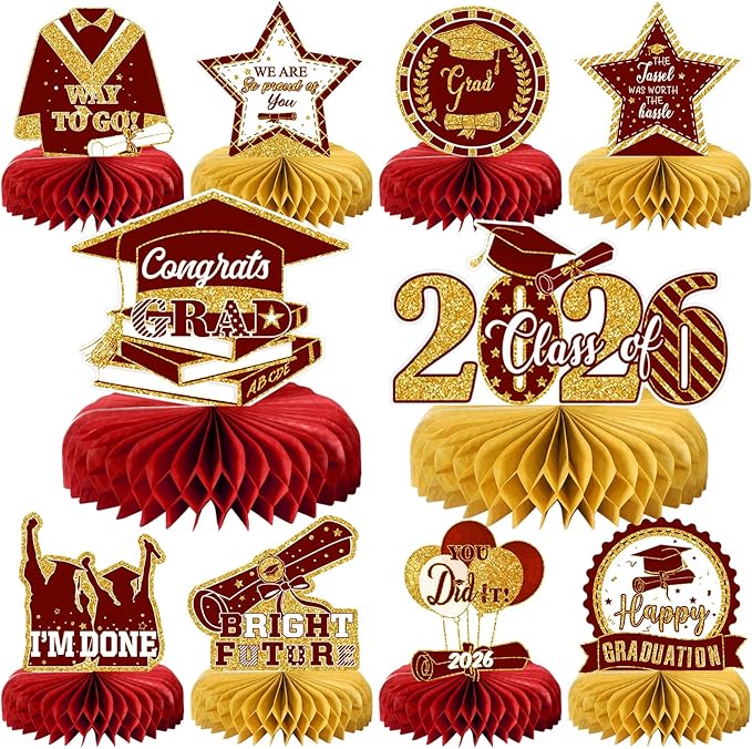10PCS Graduation Party Decorations Class of 2026 Congrats Grad Table Centerpieces Congratulate Graduation Honeycomb Table Toppers for Graduation Party Supplies(Maroon Gold)