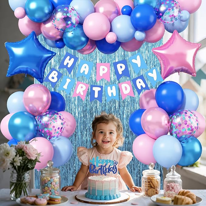 Pink and Blue Birthday Decorations, Royal Light Blue Pink Metallic Purple Confetti Latex Foil Balloons Happy Birthday Banner Fringe Curtain for Boys Girls Wedding Baby Shower Party Decoration Supplies